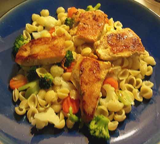 Chicken, Pasta and Vegetables on a plate