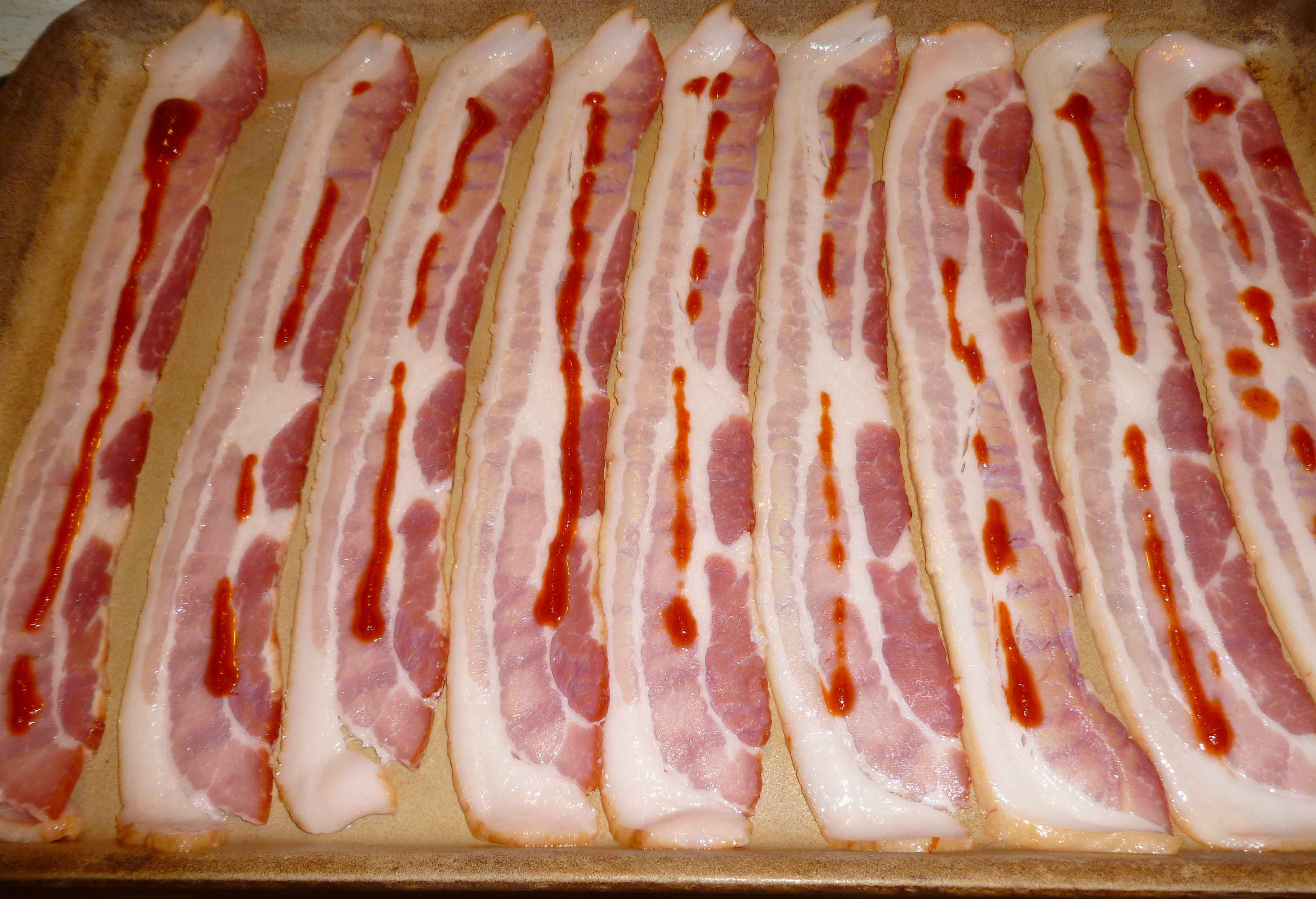 Sriracha lines on bacon