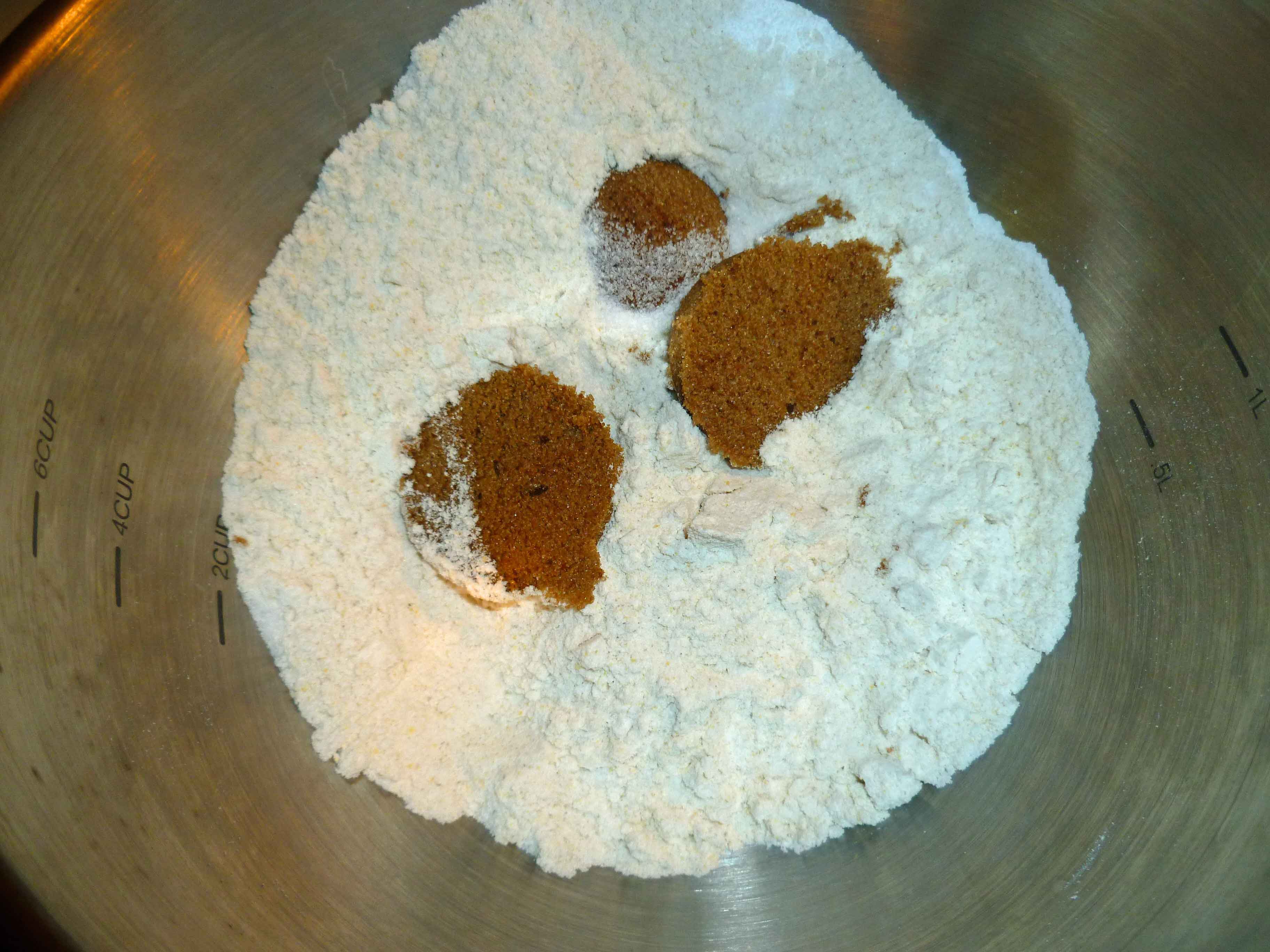 Dry pancake ingredients in a bowl