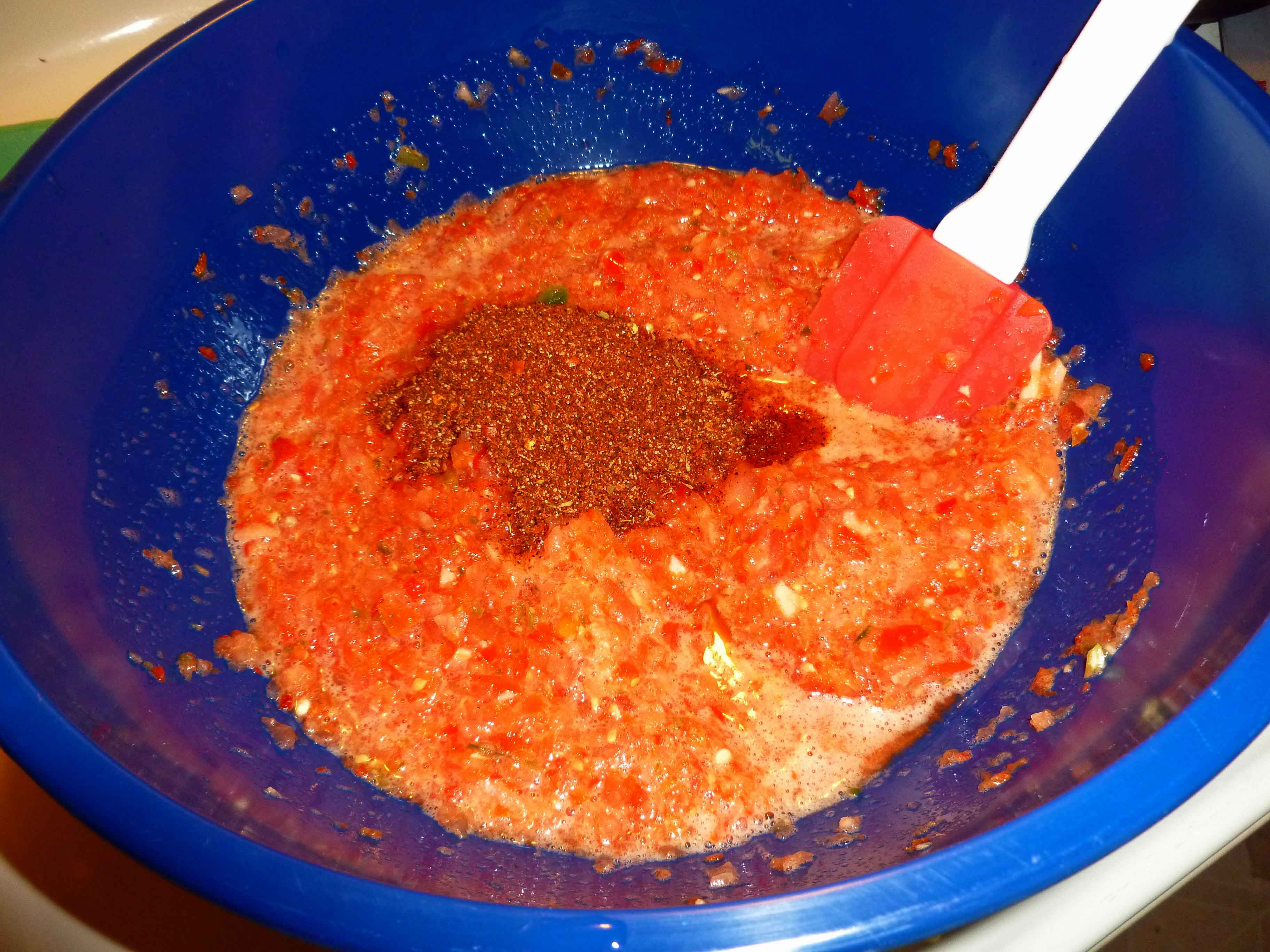 Salsa before seasoning, vinegar and oil are mixed in.