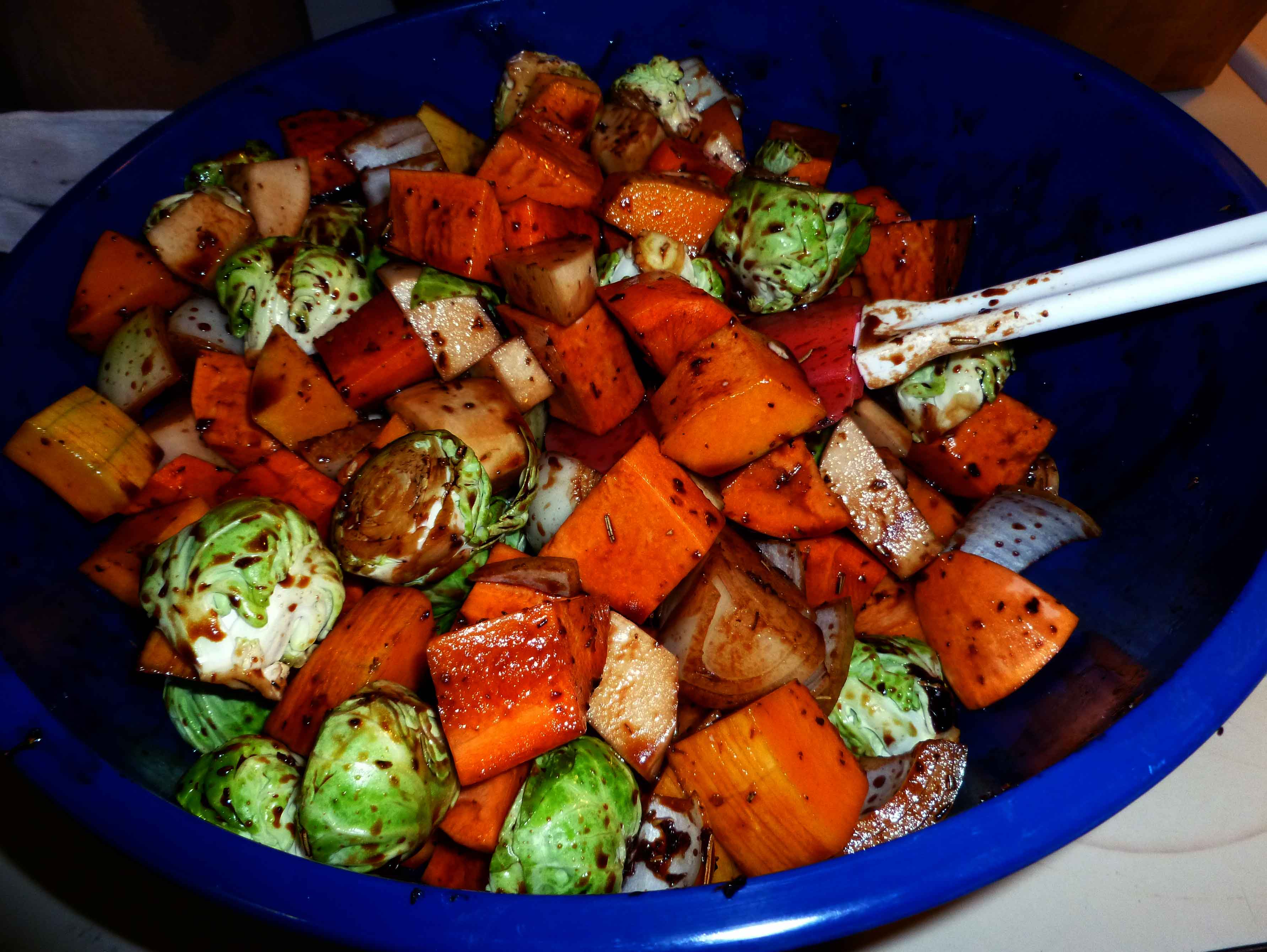 Mixing Veggies and Glaze to coat