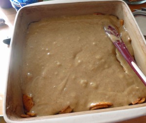 First layer of batter over apples