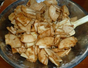 Dry ingredients mixed with apples