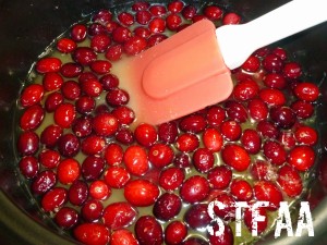 Cranberries, sugar, lemon zest and water in a sauce pot