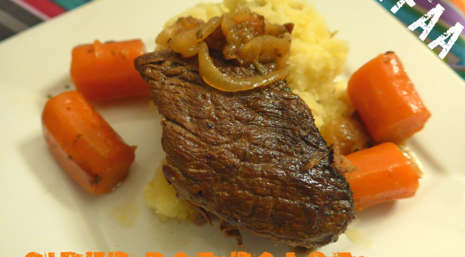 Cider Pot Roast plated with carrots, onions, and mashed potatoes