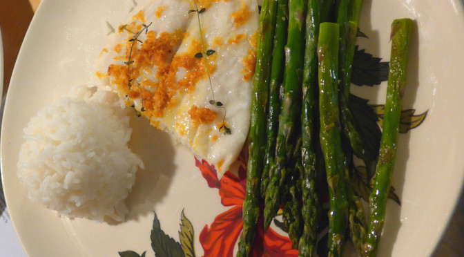 Blood Orange Flounder with baked asparagus and jasmine rice