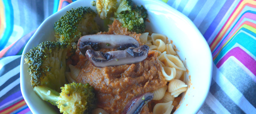 Cold Roasted Vegetable Sauce, over quinoa pasta, with broccoli and a bit of mushroom