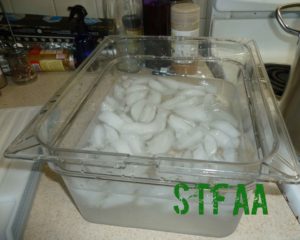 Container of ice water to cool basil in 