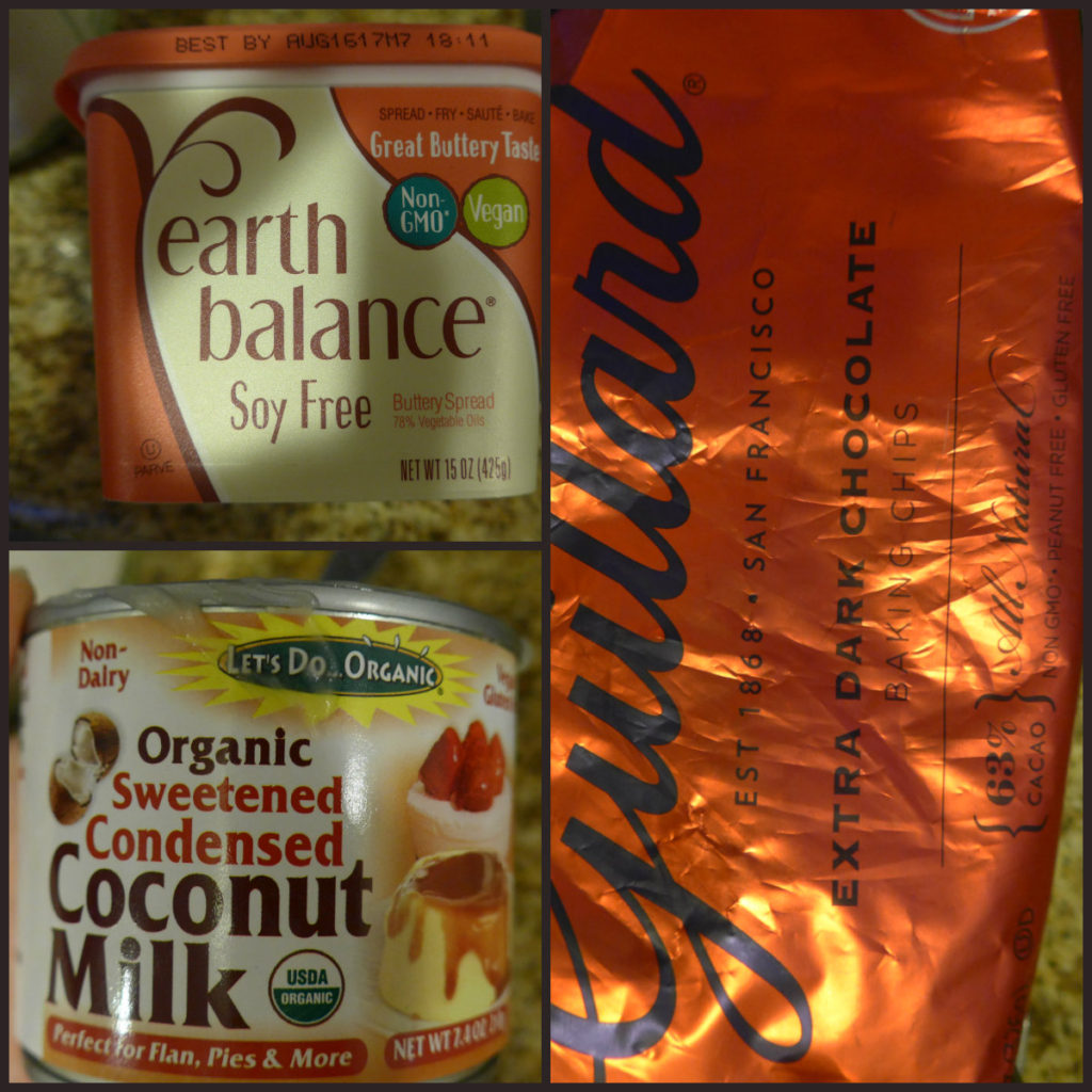 Earth Balance vegan margarine, sweetened condensed coconut milk, dark chocolate chips