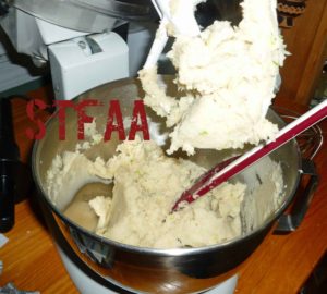 Potatoes mixed with other ingredients in stand mixer